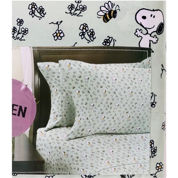Peanuts Snoopy Queen Size Spring Sheet Set Green floral NWT - Picture 2 of 8